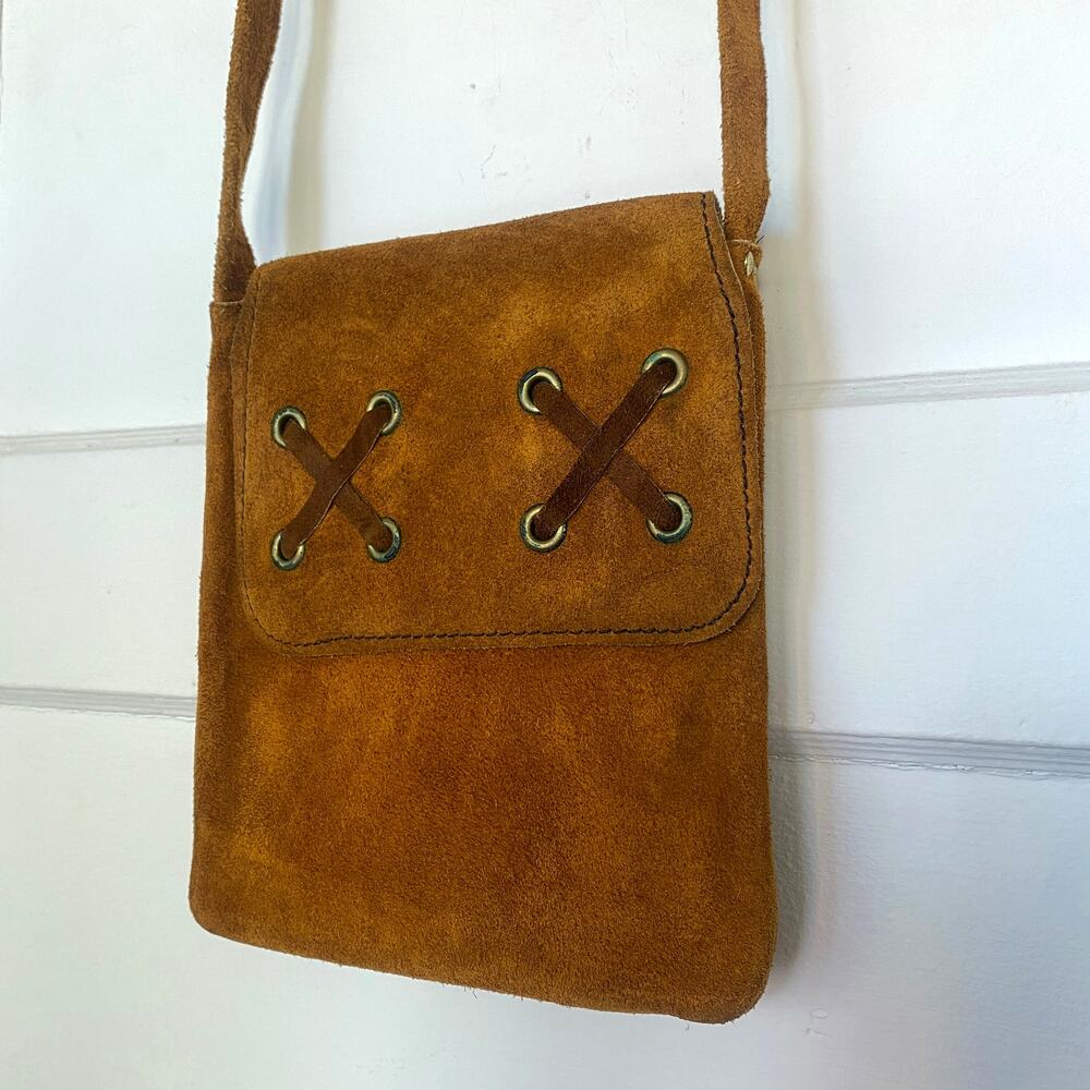 Vintage 1970s Brown Suede Crossbody Purse Leather Accent Boho Hippie Fall Winter